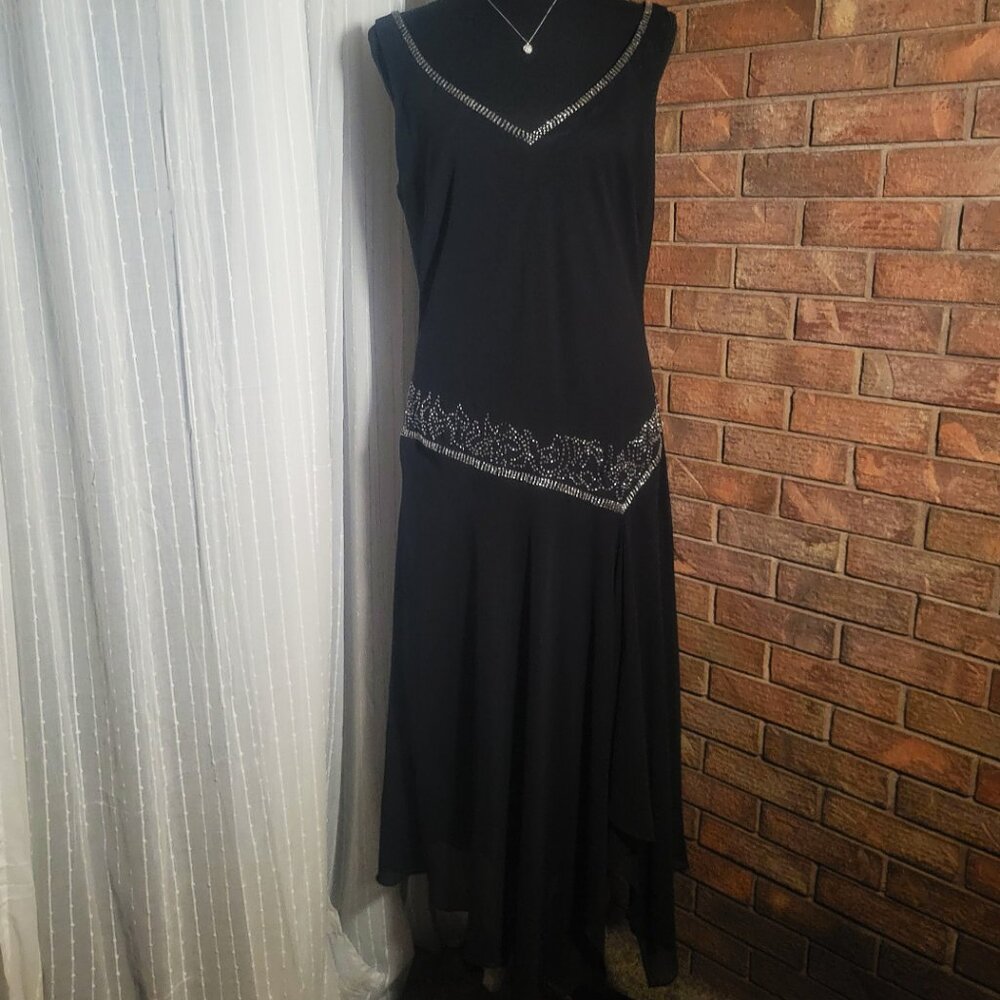 1920s Drop Waist Speakeasy Vibe Black Dress Rhinestones Size 14 Sleeveless Vneck - Picture 14 of 16